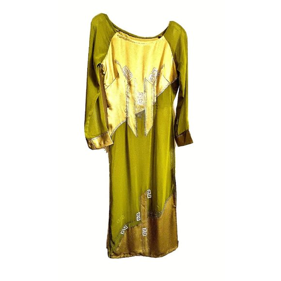 Asian Chinese Long Maxi Sheer Cocktail Dress Size S Green Metallic Silver - Picture 2 of 15